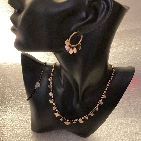 NWOT - Stainless Steel Cute Heart Rose Gold Tassel Bohemia Choker Necklace Set - Picture 1 of 16